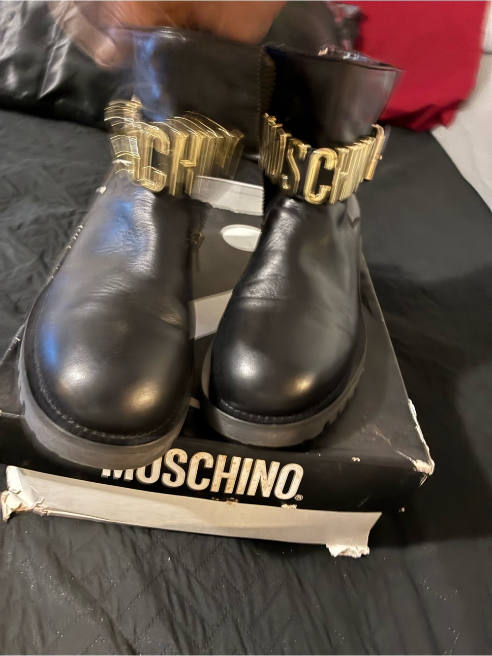 Moschino men Black Leather Ankle Boots with Gold Logo Chain